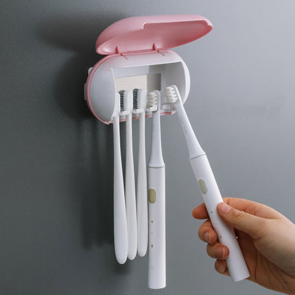 Cyan Wall-Mounted Toothbrush Sterilizer with UV-C Disinfection and Drying - USB Rechargeable, Family 5-Brush Holder, ABS Material.