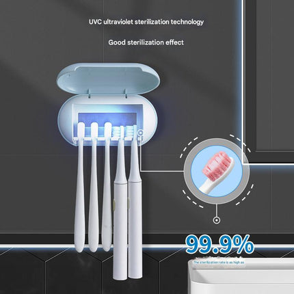 Cyan Wall-Mounted Toothbrush Sterilizer with UV-C Disinfection and Drying - USB Rechargeable, Family 5-Brush Holder, ABS Material.