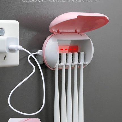 Cyan Wall-Mounted Toothbrush Sterilizer with UV-C Disinfection and Drying - USB Rechargeable, Family 5-Brush Holder, ABS Material.