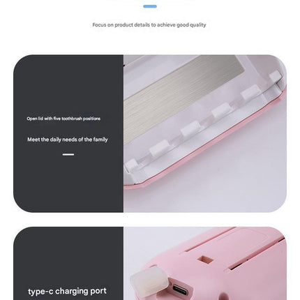 Cyan Wall-Mounted Toothbrush Sterilizer with UV-C Disinfection and Drying - USB Rechargeable, Family 5-Brush Holder, ABS Material.