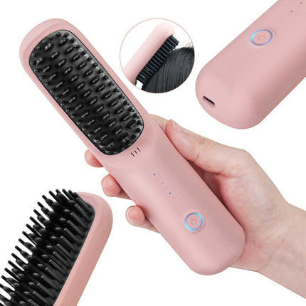 Yellow Wireless Hair Straightening Brush - Portable 2-in-1 Styling Tool with USB Charging, Ceramic Heat Technology, and Compact Design.