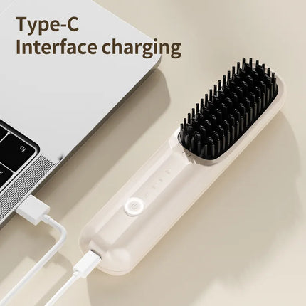 Yellow Wireless Hair Straightening Brush - Portable 2-in-1 Styling Tool with USB Charging, Ceramic Heat Technology, and Compact Design.