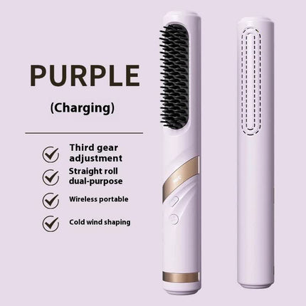 Purple Portable USB Rechargeable Cold Wind Ionic Hair Straightening Brush, Multi-Functional Hair Straightener and Curler, Lightweight and Travel-Friendly.