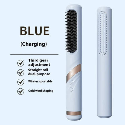 Blue Portable USB Rechargeable Cold Wind Ionic Hair Straightening Brush, Multi-Functional Hair Straightener and Curler, Lightweight and Travel-Friendly.