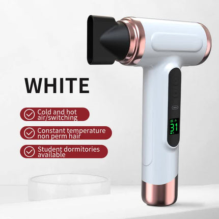White Wireless Hair Dryer with Cold & Hot Air, Portable Large-Capacity Rechargeable Ionic Dryer, Fast-Drying, Lightweight and Compact for Home and Travel.