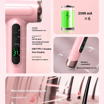 White Wireless Hair Dryer with Cold & Hot Air, Portable Large-Capacity Rechargeable Ionic Dryer, Fast-Drying, Lightweight and Compact for Home and Travel.