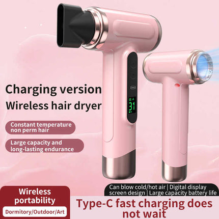 Pink wireless Hair Dryer with Cold & Hot Air, Portable Large-Capacity Rechargeable Ionic Dryer, Fast-Drying, Lightweight and Compact for Home and Travel.