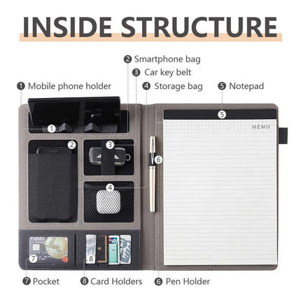 Black A4 Leather Multi-Functional Business Document Folder with Card Slots - Contract File Organizer.