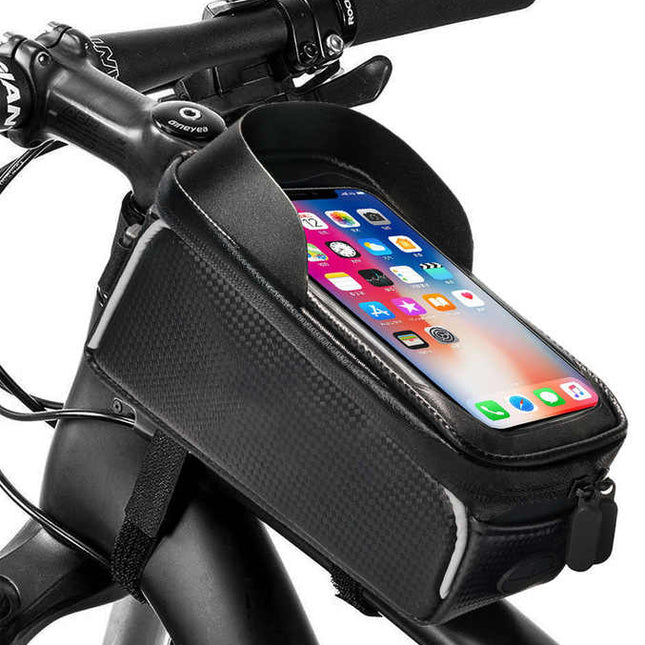 Waterproof Bicycle Phone Frame Bag with Sun Visor, TPU Touchscreen, and Storage Pockets for Road and Mountain Bikes.