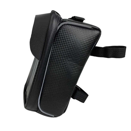 Waterproof Bicycle Phone Frame Bag with Sun Visor, TPU Touchscreen, and Storage Pockets for Road and Mountain Bikes.