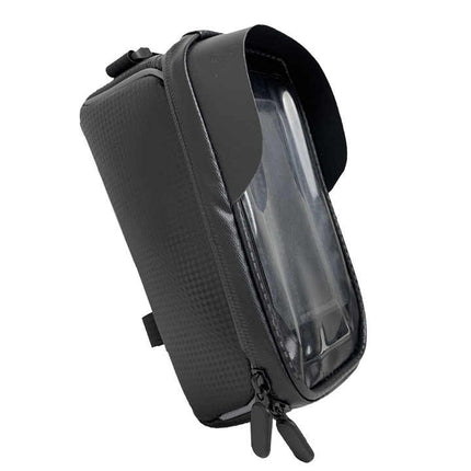 Waterproof Bicycle Phone Frame Bag with Sun Visor, TPU Touchscreen, and Storage Pockets for Road and Mountain Bikes.