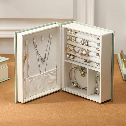 Light Green Creative PU Jewelry Storage Book - Magnetic Closure Organizer for Earrings, Rings, and Necklaces(The Jewelry is a prop for the photo shoot and is not included).