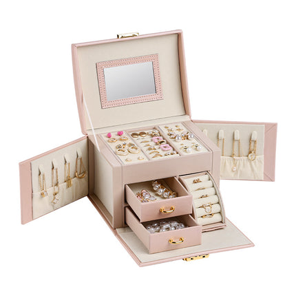 Light Pink Luxury PU Leather Jewelry Storage Box - 3-Tier Organizer with Mirror for Necklaces, Earrings, and Rings(Jewelry is a photo prop and is not included).