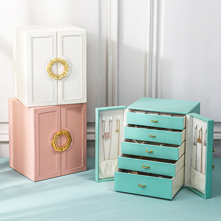 Pink Elegant 5-Layer Large Capacity Jewelry Storage Box with Dual Opening Doors - Perfect for Organizing Necklaces, Rings, Earrings, and More(Jewelry is a photo prop and is not included).
