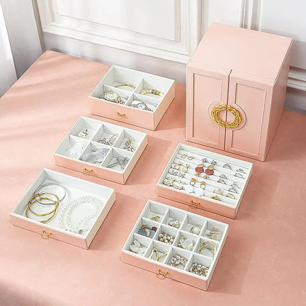Pink Elegant 5-Layer Large Capacity Jewelry Storage Box with Dual Opening Doors - Perfect for Organizing Necklaces, Rings, Earrings, and More(Jewelry is a photo prop and is not included).