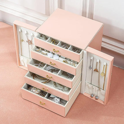 Pink Elegant 5-Layer Large Capacity Jewelry Storage Box with Dual Opening Doors - Perfect for Organizing Necklaces, Rings, Earrings, and More(Jewelry is a photo prop and is not included).