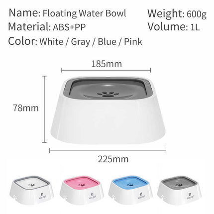 Blue Anti-Spill Floating Pet Water Bowl for Dogs and Cats - 1L Capacity, Splash-Proof and Anti-Wet Mouth Design.