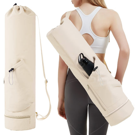 Beige Durable Yoga Mat Carry Bag - Multi-Functional Fitness Backpack with Wet Pocket(Mugs are filming props, not included).