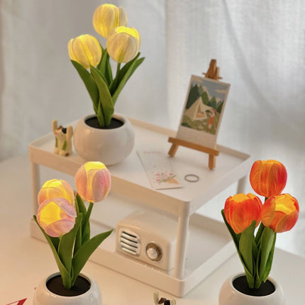 Yellow Flowers USB Tulip Night Light - Bedroom Decor Table Lamp with PU Flowers & Ceramic Pot, Perfect Gift for Family & Friends.