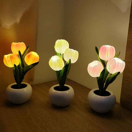 Yellow Flowers USB Tulip Night Light - Bedroom Decor Table Lamp with PU Flowers & Ceramic Pot, Perfect Gift for Family & Friends.