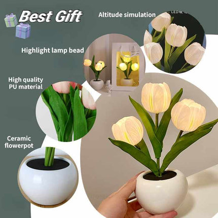 Yellow Flowers USB Tulip Night Light - Bedroom Decor Table Lamp with PU Flowers & Ceramic Pot, Perfect Gift for Family & Friends.