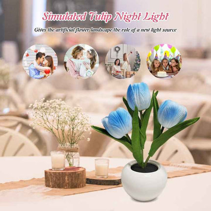 Yellow Flowers USB Tulip Night Light - Bedroom Decor Table Lamp with PU Flowers & Ceramic Pot, Perfect Gift for Family & Friends.