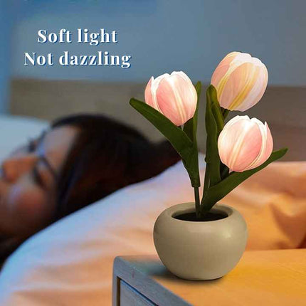 Yellow Flowers USB Tulip Night Light - Bedroom Decor Table Lamp with PU Flowers & Ceramic Pot, Perfect Gift for Family & Friends.