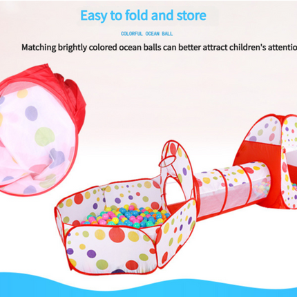 Red 3-in-1 Kids Play Tent Set - Foldable Indoor/Outdoor Tunnel and Ball Pit with Fence.