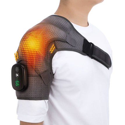 Gray Rechargeable Heated Shoulder Massager with LED Display - Adjustable Compression Wrap for Pain Relief and Relaxation.