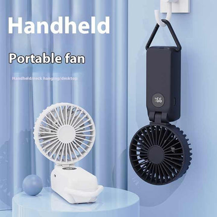 White Portable Handheld Fan with 2000mAh Battery - 3-in-1 Design for Desk, Handheld, and Hanging Use (Model Q3).