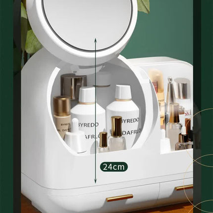 Ivory  White LED Vanity Makeup Organizer with Partition Storage and Touch-Control Mirror - Large Capacity Cosmetic Box.