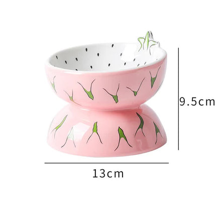 Ceramic Elevated Pet Food Bowl - Cute Pitaya Pattern Design for Cats and Small Dogs.