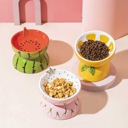 Ceramic Elevated Pet Food Bowl - Cute Pitaya Pattern Design for Cats and Small Dogs.