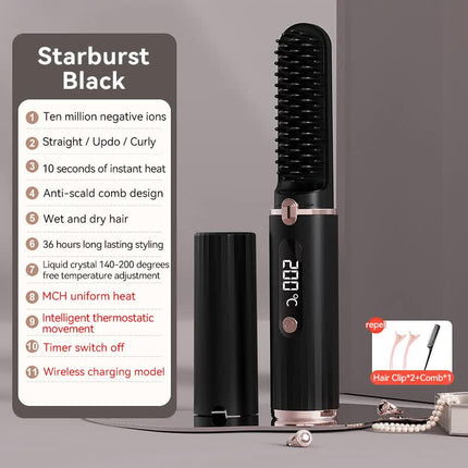 Cordless Hair Straightener Brush with Adjustable Temperature - Black.
