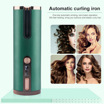 Cordless Automatic Hair Curler with Adjustable Temperature - Green.