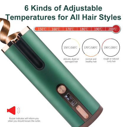 Cordless Automatic Hair Curler with Adjustable Temperature - Green.
