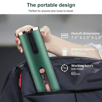 Cordless Automatic Hair Curler with Adjustable Temperature - Green.