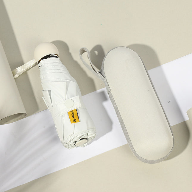 Beige Compact 5-Fold Umbrella with UV Protection, Wind Resistance, and Travel-Friendly Design.
