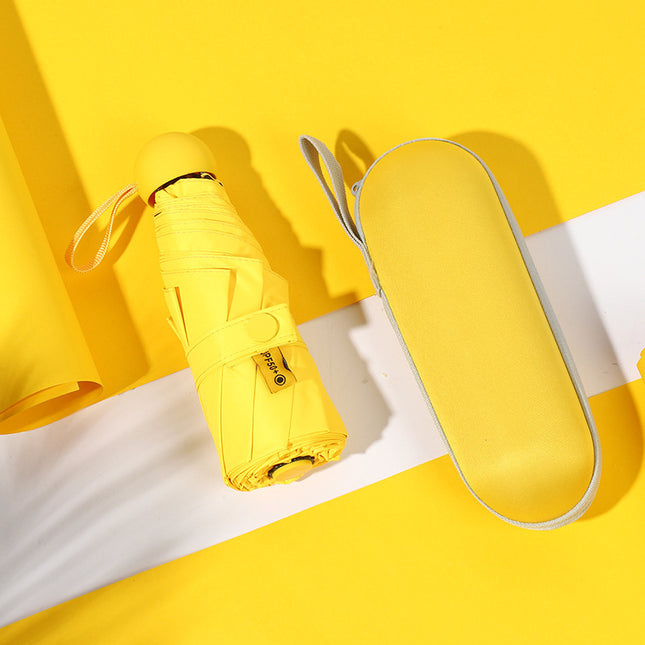 Yellow Compact 5-Fold Umbrella with UV Protection, Wind Resistance, and Travel-Friendly Design.
