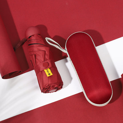 Red Compact 5-Fold Umbrella with UV Protection, Wind Resistance, and Travel-Friendly Design.