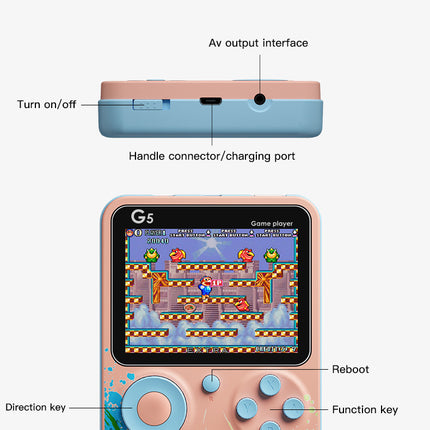 G5 Retro Handheld Game Console with 500 Classic Games - Sky Blue with gamepad.