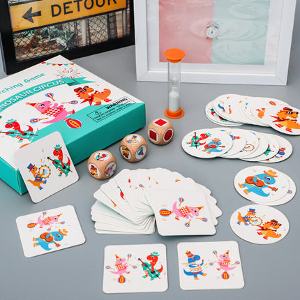 Dinosaur Circus Matching Game for Kids with Wooden Dice and Timer.