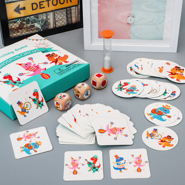 Dinosaur Circus Matching Game for Kids with Wooden Dice and Timer.