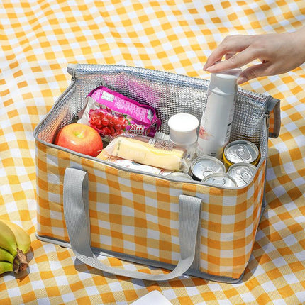 2PCS Yellow Insulated Picnic Lunch Bag with Checkered Design, Thermal Storage for Hot and Cold Items.