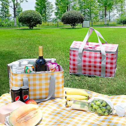 2PCS Yellow Insulated Picnic Lunch Bag with Checkered Design, Thermal Storage for Hot and Cold Items.