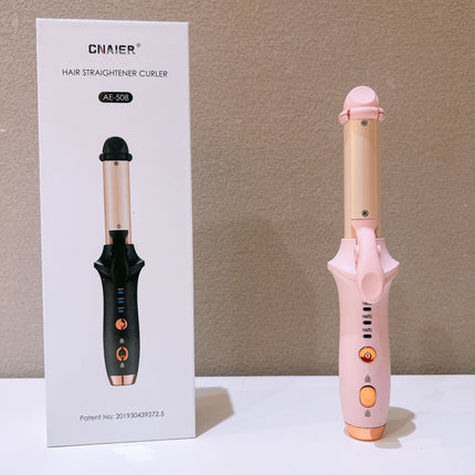 Pink Mini Cordless Hair Curler with Adjustable Heat Settings and USB Charging.