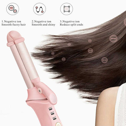 Pink Mini Cordless Hair Curler with Adjustable Heat Settings and USB Charging.