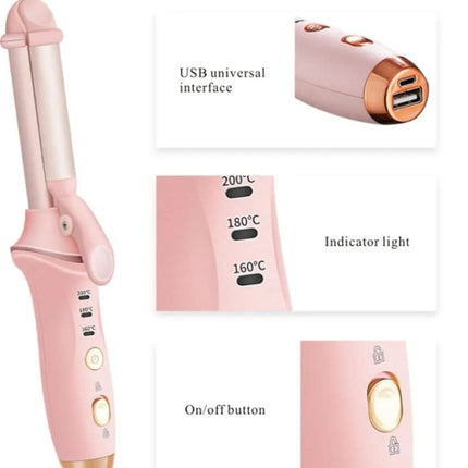 Pink Mini Cordless Hair Curler with Adjustable Heat Settings and USB Charging.