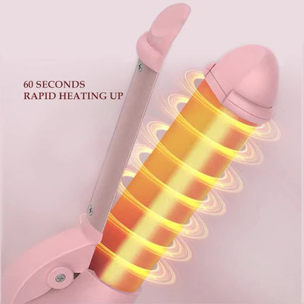 Pink Mini Cordless Hair Curler with Adjustable Heat Settings and USB Charging.