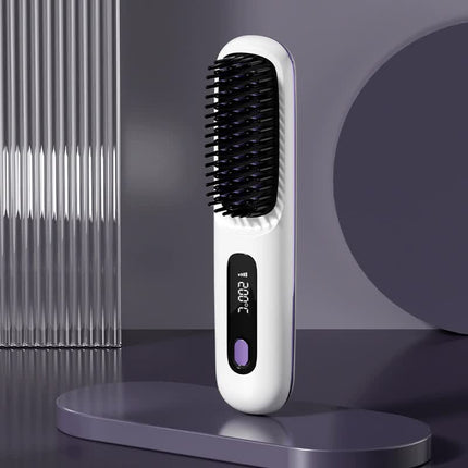 White Wireless Hair Straightening Brush - Compact and Rechargeable Styling Tool.